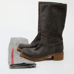 Pre Owned Prada Grey Suede Mid Calf Length Boots Size 39