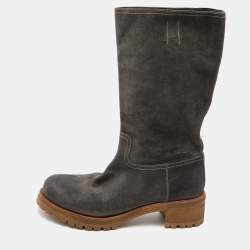 Pre Owned Prada Grey Suede Mid Calf Length Boots Size 39