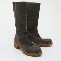 Pre Owned Prada Grey Suede Mid Calf Length Boots Size 39