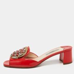 Prada Red Patent Leather Crystal Embellished Slide Sandals Size 38