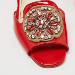 Prada Red Patent Leather Crystal Embellished Slide Sandals Size 38