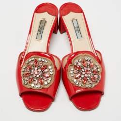 Prada Red Patent Leather Crystal Embellished Slide Sandals Size 38