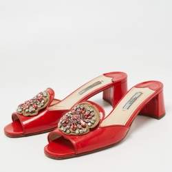 Prada Red Patent Leather Crystal Embellished Slide Sandals Size 38
