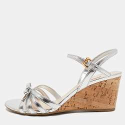 Prada Silver Leather Bow Detail Ankle Strap Sandals Size 39