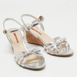 Prada Silver Leather Bow Detail Ankle Strap Sandals Size 39