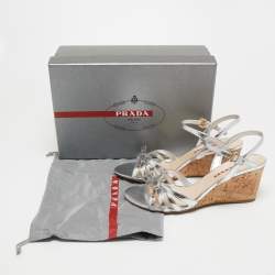 Prada Silver Leather Bow Detail Ankle Strap Sandals Size 39