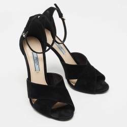 Prada Black Suede  Crisscross Ankle Strap Sandals Size 37.5