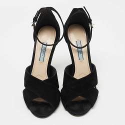 Prada Black Suede  Crisscross Ankle Strap Sandals Size 37.5
