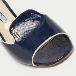 Pre Owned Prada Navy Blue Vernice Saffiano Leather Slide Sandals Size 38.5