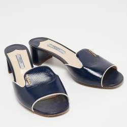 Pre Owned Prada Navy Blue Vernice Saffiano Leather Slide Sandals Size 38.5