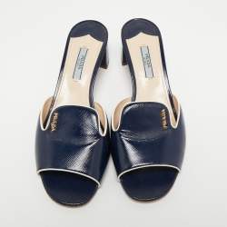 Pre Owned Prada Navy Blue Vernice Saffiano Leather Slide Sandals Size 38.5