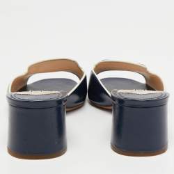 Pre Owned Prada Navy Blue Vernice Saffiano Leather Slide Sandals Size 38.5