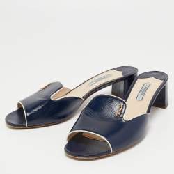 Pre Owned Prada Navy Blue Vernice Saffiano Leather Slide Sandals Size 38.5