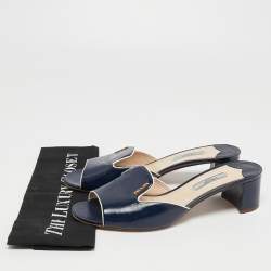 Pre Owned Prada Navy Blue Vernice Saffiano Leather Slide Sandals Size 38.5