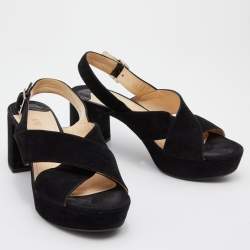 Prada Black Suede Criss Cross Platform Block Heel Slingback Sandals Size 36