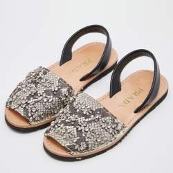 Pre Owned Prada Black/Grey Python Leather Crystal Embellished Slingback Flats Size 38