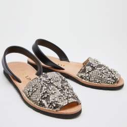 Pre Owned Prada Black/Grey Python Leather Crystal Embellished Slingback Flats Size 38