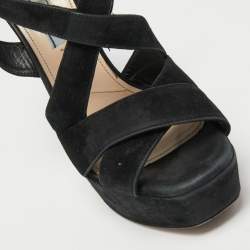 Prada Black Suede Crisscross Platform Ankle Strap Sandals Size 37