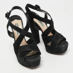 Prada Black Suede Crisscross Platform Ankle Strap Sandals Size 37