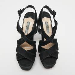 Prada Black Suede Crisscross Platform Ankle Strap Sandals Size 37