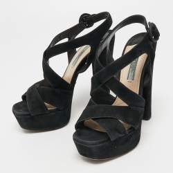 Prada Black Suede Crisscross Platform Ankle Strap Sandals Size 37