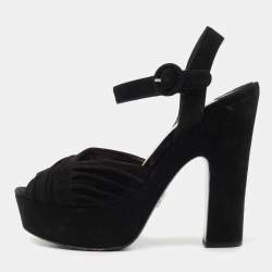 Prada Black Suede Peep Toe Platform Ankle Strap Sandals Size 40