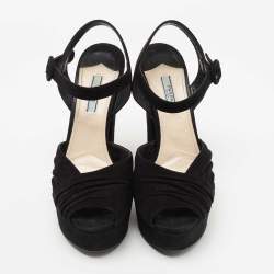 Prada Black Suede Peep Toe Platform Ankle Strap Sandals Size 40