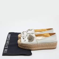 Pre Owned Prada White Leather Crystal Embellished Open Toe Platform Espadrille Flats Size 38