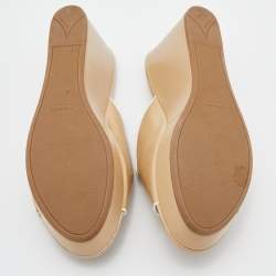 Prada Beige Patent Leather Platform Wedge Slide Sandals Size 40