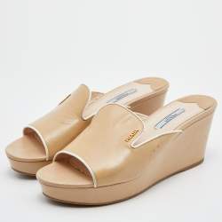 Prada Beige Patent Leather Platform Wedge Slide Sandals Size 40
