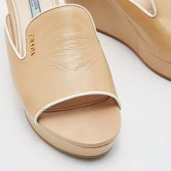 Prada Beige Patent Leather Platform Wedge Slide Sandals Size 40
