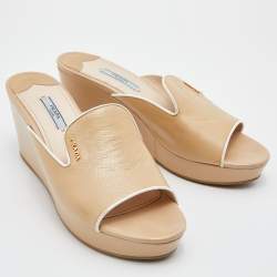 Prada Beige Patent Leather Platform Wedge Slide Sandals Size 40