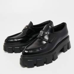 Pre Owned Prada Black Leather Monolith Logo Platform Loafers Size 37