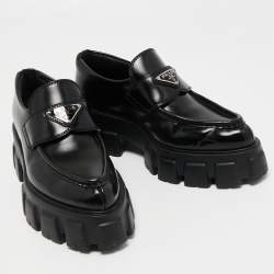 Pre Owned Prada Black Leather Monolith Logo Platform Loafers Size 37