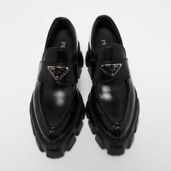 Pre Owned Prada Black Leather Monolith Logo Platform Loafers Size 37