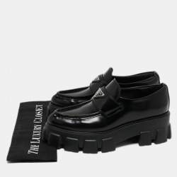 Pre Owned Prada Black Leather Monolith Logo Platform Loafers Size 37