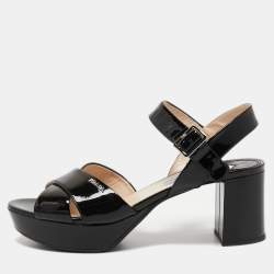 Prada Black Patent Leather Platform Ankle Strap Sandals Size 38.5
