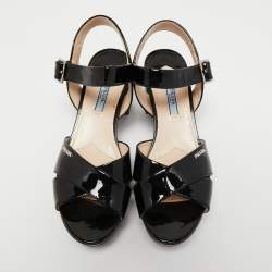 Prada Black Patent Leather Platform Ankle Strap Sandals Size 38.5