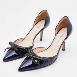 مملوكة مسبقًا Prada Navy Blue/Black Patent Leather Bow Pointed Toe D'orsay Pumps Size 38.5