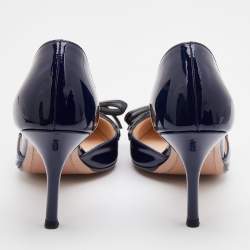 مملوكة مسبقًا Prada Navy Blue/Black Patent Leather Bow Pointed Toe D'orsay Pumps Size 38.5