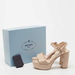 Prada Beige Patent Leather Block Heel Platform Ankle Strap Sandals Size 40