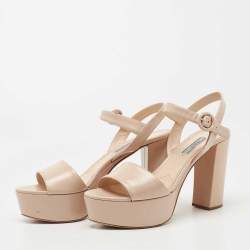 Prada Beige Patent Leather Block Heel Platform Ankle Strap Sandals Size 40