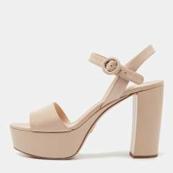 Prada Beige Patent Leather Block Heel Platform Ankle Strap Sandals Size 40