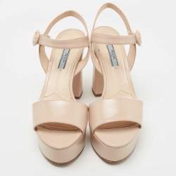 Prada Beige Patent Leather Block Heel Platform Ankle Strap Sandals Size 40