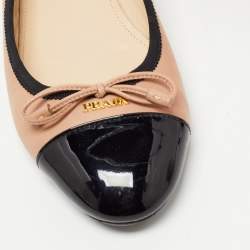 Pre Owned Prada Black/Pink Patent and Leather Bow Ballet Flats Size 38.5