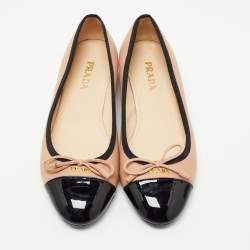 Pre Owned Prada Black/Pink Patent and Leather Bow Ballet Flats Size 38.5