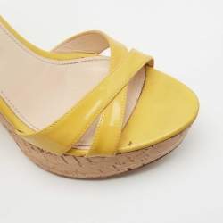 Prada Yellow Patent Leather Cork Platform Ankle Strap Sandals Size 37.5