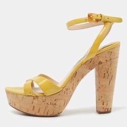 Prada Yellow Patent Leather Cork Platform Ankle Strap Sandals Size 37.5