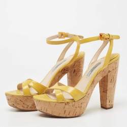 Prada Yellow Patent Leather Cork Platform Ankle Strap Sandals Size 37.5