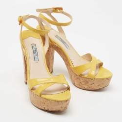 Prada Yellow Patent Leather Cork Platform Ankle Strap Sandals Size 37.5